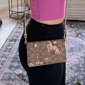 Coach logo Tan / brown and Pink Floral Crossbody Bag